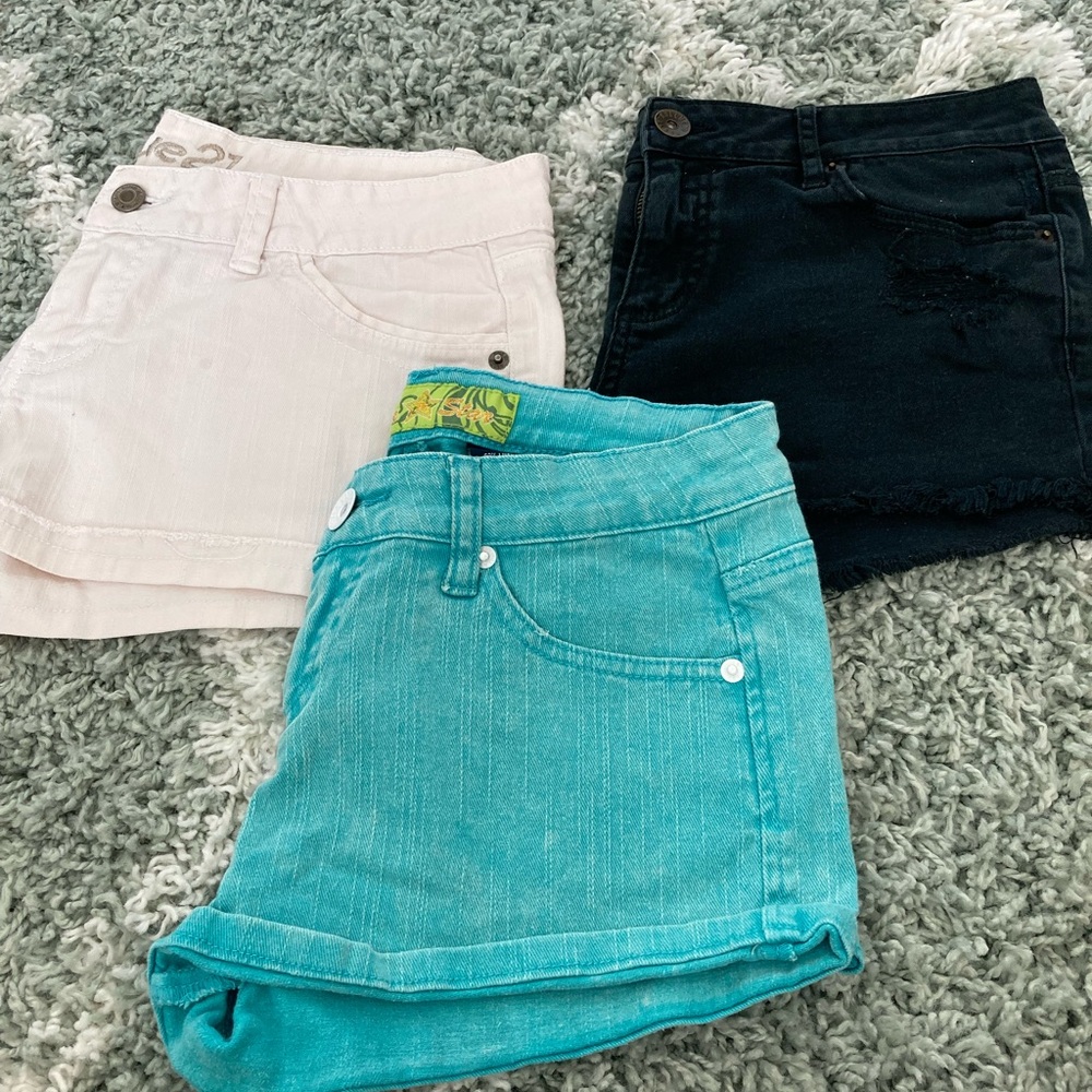 Set of Three Denim ish Shorts - White, Black, and Teal
